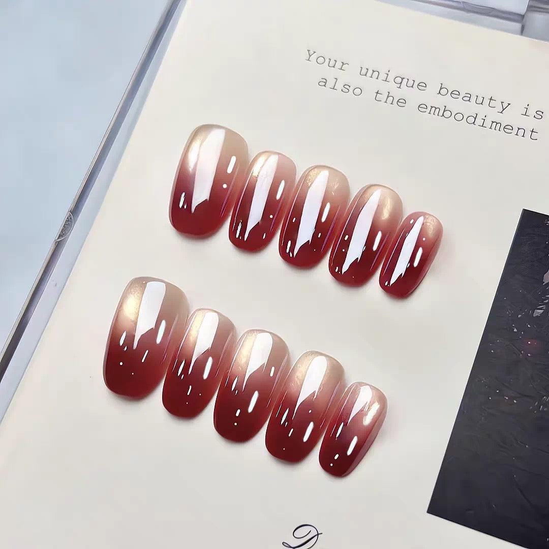 Electroplated red gradient handmade wearable nail short atmosphere feeling ice transparent glass bead cat's eye nail sticker