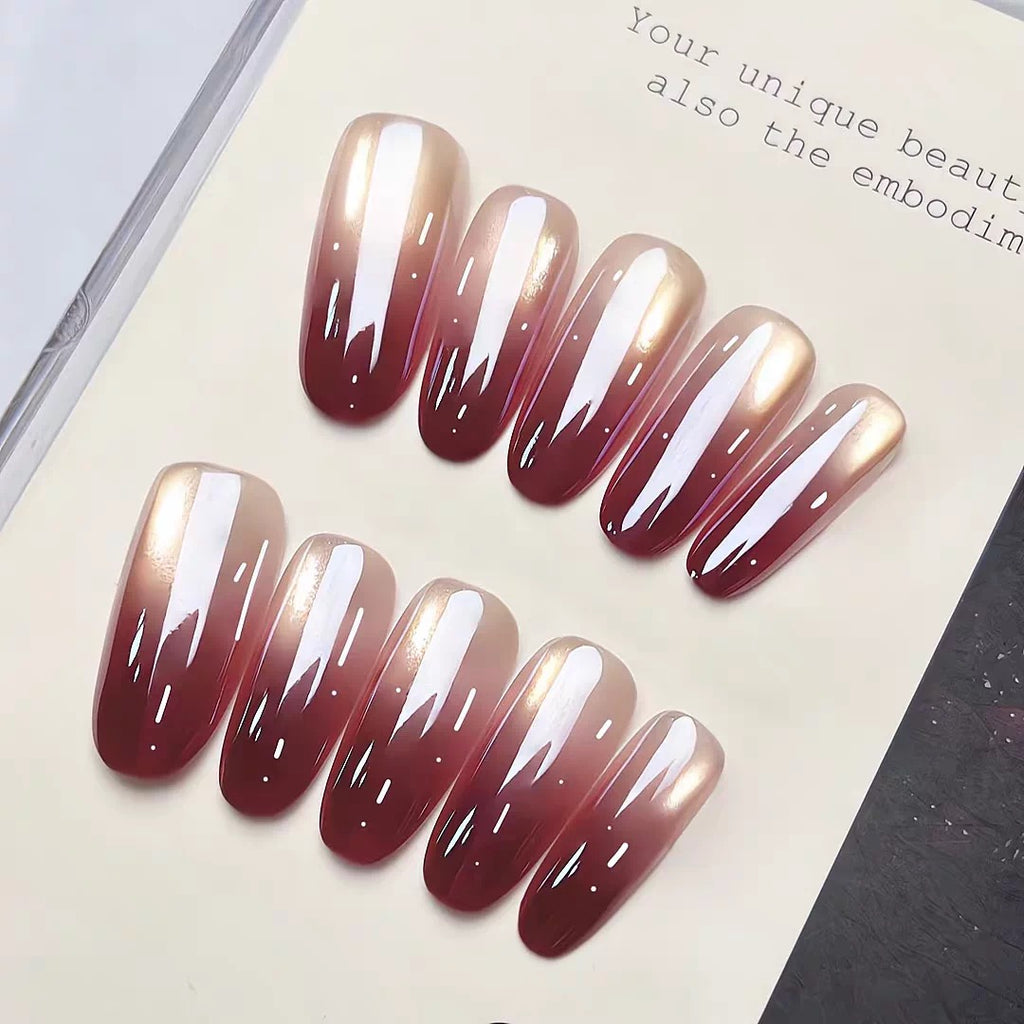 Electroplated red gradient handmade wearable nail short atmosphere feeling ice transparent glass bead cat's eye nail sticker