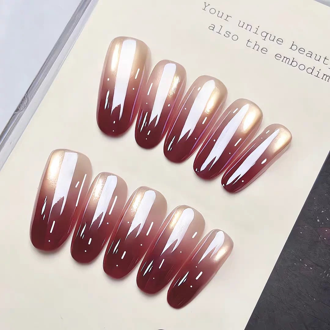 Electroplated red gradient handmade wearable nail short atmosphere feeling ice transparent glass bead cat's eye nail sticker