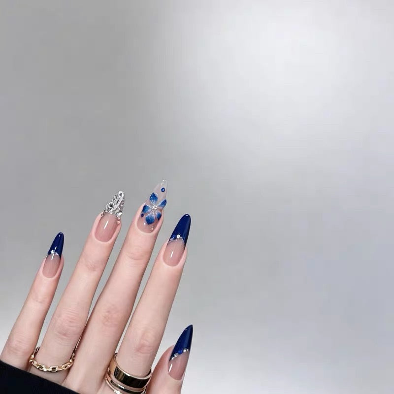 High-end texture, refreshing French, deep blue, light luxury, diamond-embedded, handmade, wearable manicure