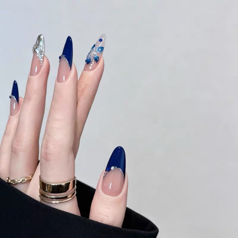 High-end texture, refreshing French, deep blue, light luxury, diamond-embedded, handmade, wearable manicure