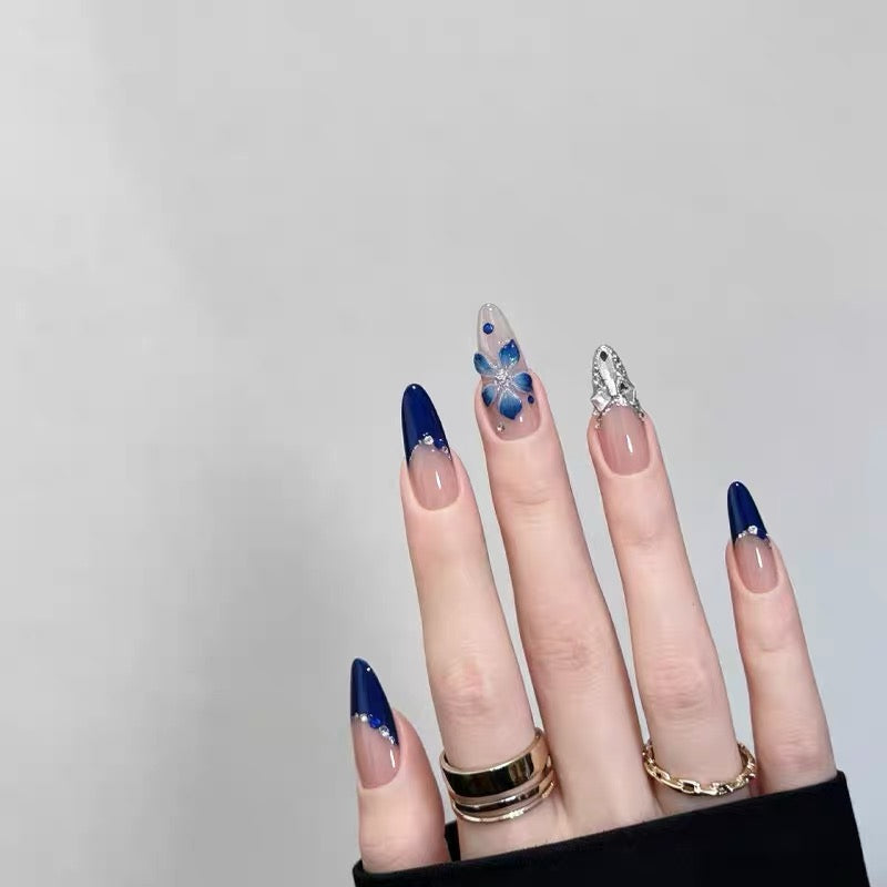 High-end texture, refreshing French, deep blue, light luxury, diamond-embedded, handmade, wearable manicure