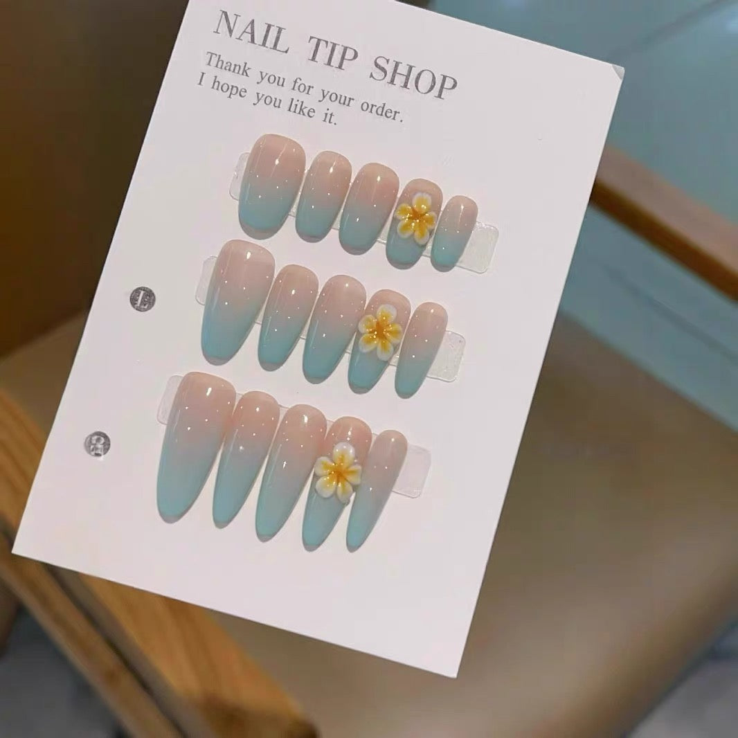 Adolescent heart blue gradient handmade wearable nail long-length manicure nail piece finished can be repeated