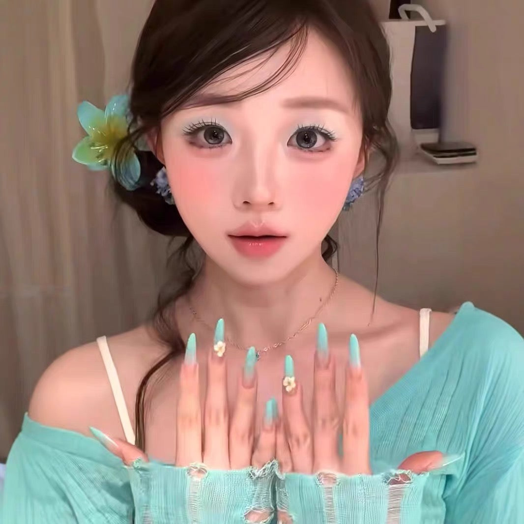 Adolescent heart blue gradient handmade wearable nail long-length manicure nail piece finished can be repeated