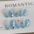 Handmade wearable nail atmosphere summer ins ice blue gradient koi cat eye white beauty nail sticker false nail
