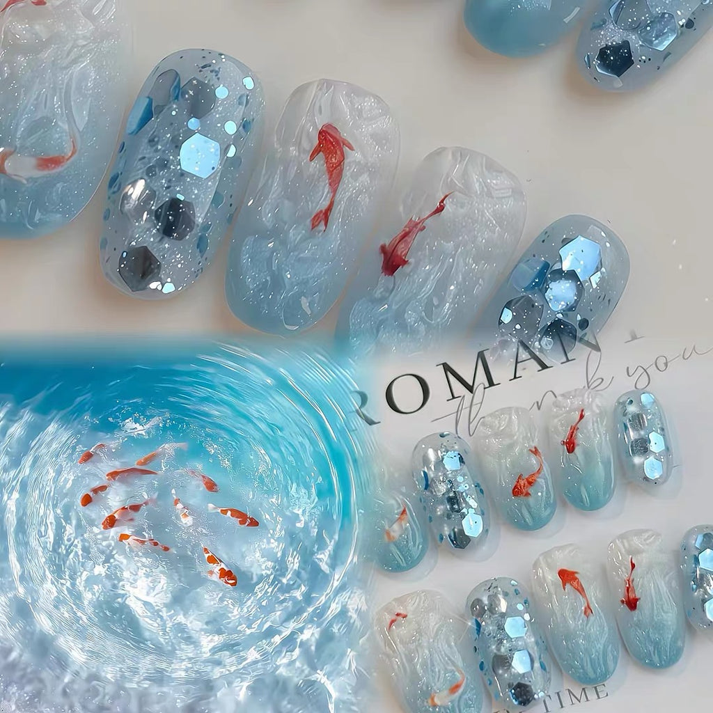 Handmade wearable nail atmosphere summer ins ice blue gradient koi cat eye white beauty nail sticker false nail