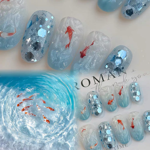 Handmade wearable nail atmosphere summer ins ice blue gradient koi cat eye white beauty nail sticker false nail