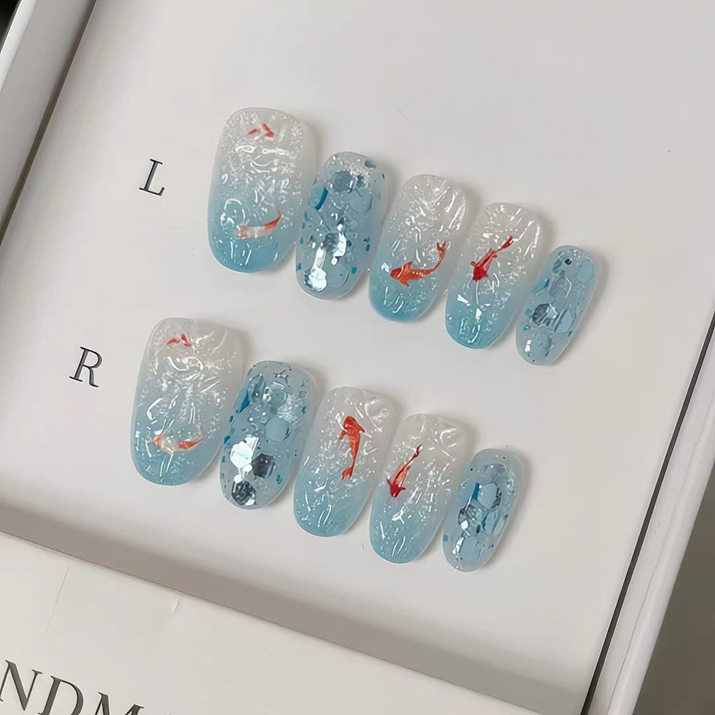 Handmade wearable nail atmosphere summer ins ice blue gradient koi cat eye white beauty nail sticker false nail