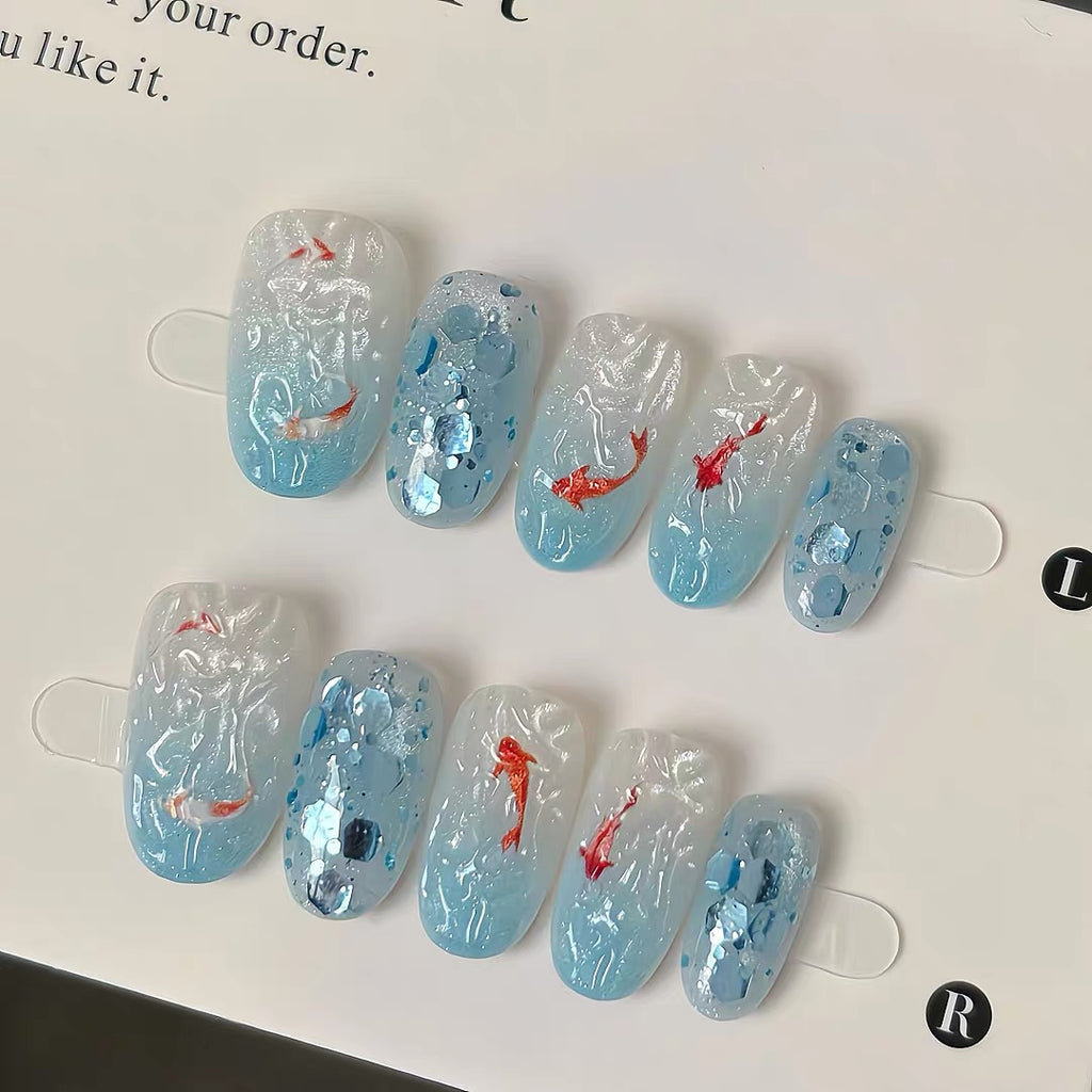 Handmade wearable nail atmosphere summer ins ice blue gradient koi cat eye white beauty nail sticker false nail