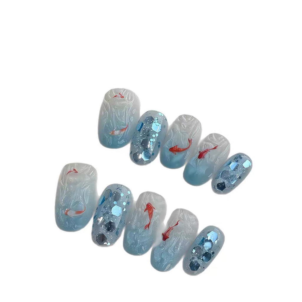 Handmade wearable nail atmosphere summer ins ice blue gradient koi cat eye white beauty nail sticker false nail